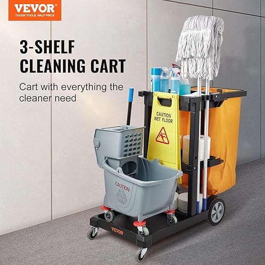 VEVOR Cleaning Cart, 3-Shelf Commercial Janitorial Cart, 200 lbs Capacity - Image 2