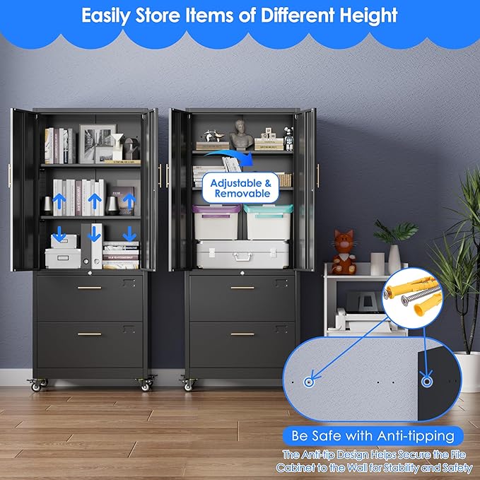 METAN Metal File Cabinet with 2 Drawers and 2 Shelves, Office Filing Cabinet on - Image 6