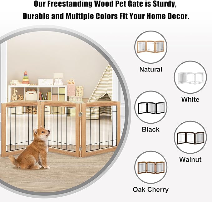 LZRS 3-Panel Freestanding Foldable Wooden Dog Gate –Solid Wood & Steel Wire - Image 4