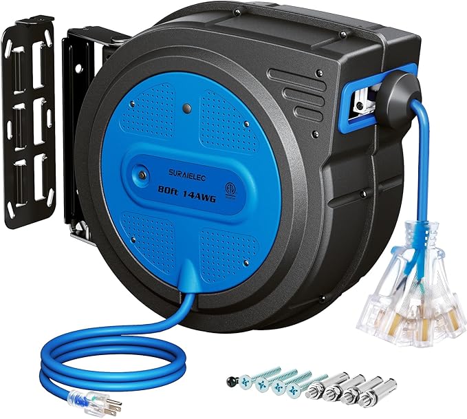 SURAIELEC 80 FT Retractable Extension Cord Reel, 14 AWG SJTOW Power Cord by SURAIELEC