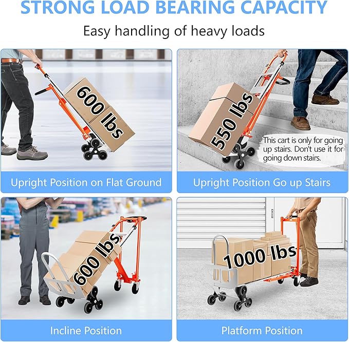 4 in 1 Industrial Convertible Stair Climbing Cart 1000 LBS Capacity, Heavy Duty - Image 4