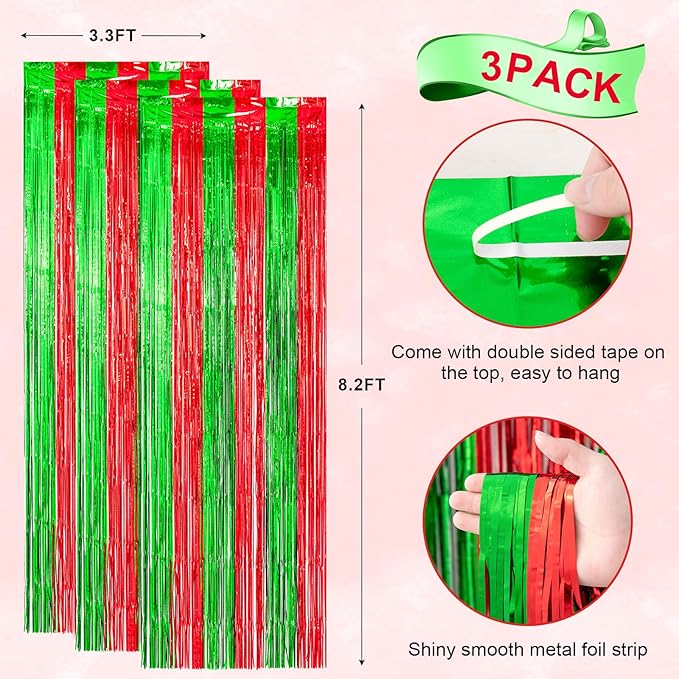 3 Pack 3.3x8.2 Feet Red and Green Foil Fringe Backdrop Curtains, Tinsel - Image 3