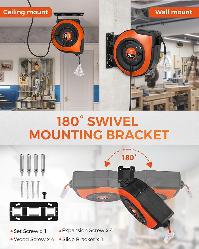 Retractable Cord Reel, 75 FT Heavy Duty Extension Cord, 14AWG/3C SJTOW - Image 3