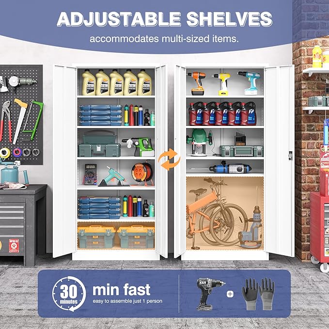 Metal Storage Cabinet with Lock, Lockable Garage Cabinet with 2 Doors and 5 - Image 4
