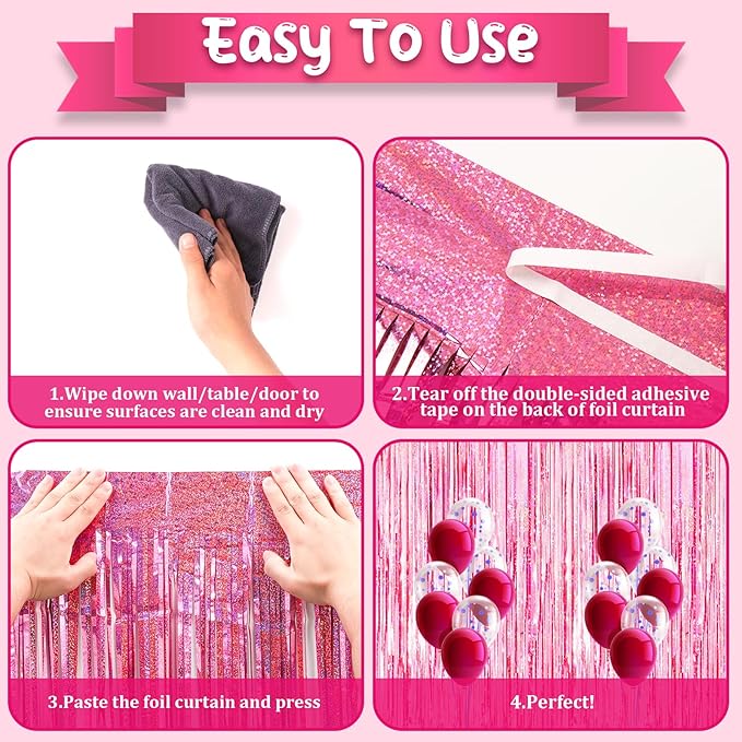 3 Pack 3.3x8.2 Feet Laser Pink Foil Fringe Backdrop Curtains, Tinsel Streamers - Image 4