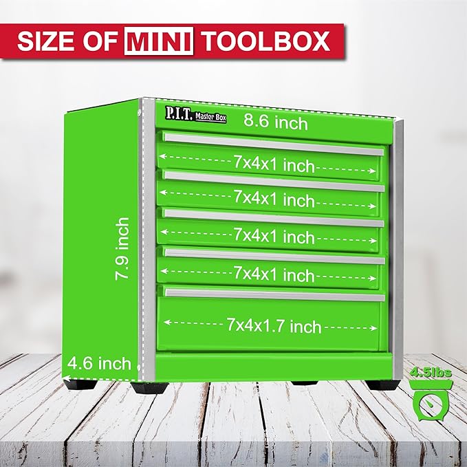 P.I.T. Mini Green Tool Box, Portable 5-Drawer Micro Roll Cab Steel Tool Box - Image 3