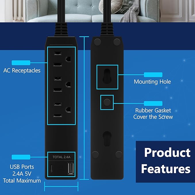 LIDER Outlet Extender with 3 Receptacles, 12W USB Type-A, and USB Type-C - Image 3