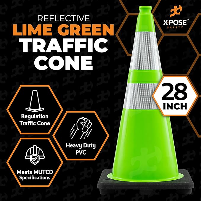 Xpose Safety 28” Lime Green Traffic Cone Dual 6" & 4" Reflective Collar – 12 - Image 4