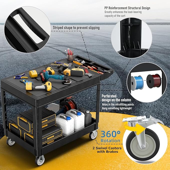 2 Tier Rolling Utility Cart on Wheels, 1000 lbs Capacity Flat Top Plastic - Image 4