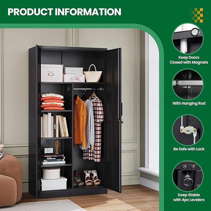 Broom Closet with Lock, Metal Storage Cabinet 36" Wide, 5-Tier Steel Utility - Image 5
