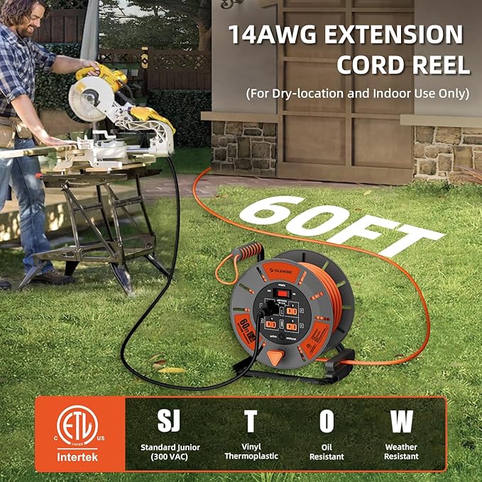 60 FT Retractable Extension Cord Reel, 14AWG SJTOW Heavy Duty Power Cord - Image 2