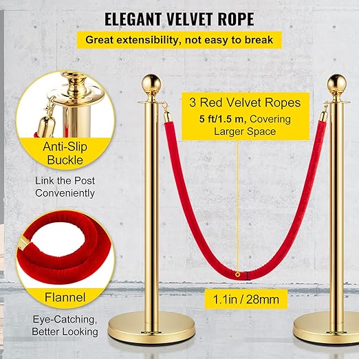 VEVOR Velvet Ropes and Posts 6 Pcs Red Velvet Rope 5 ft, Stanchions Solid Base - Image 4