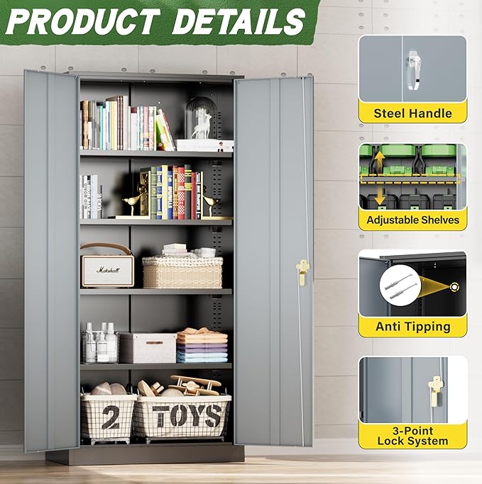 Greenvelly Metal Storage Cabinet, 72 Inch Lockable Storage Cabinet - Image 4
