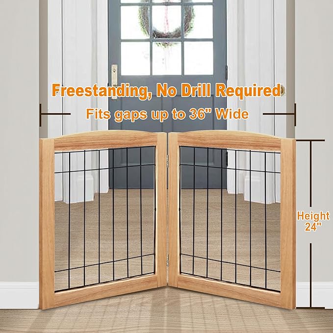 LZRS 2-Panel Freestanding Foldable Wood Dog Gate – Solid Wood & Steel Wire - Image 2