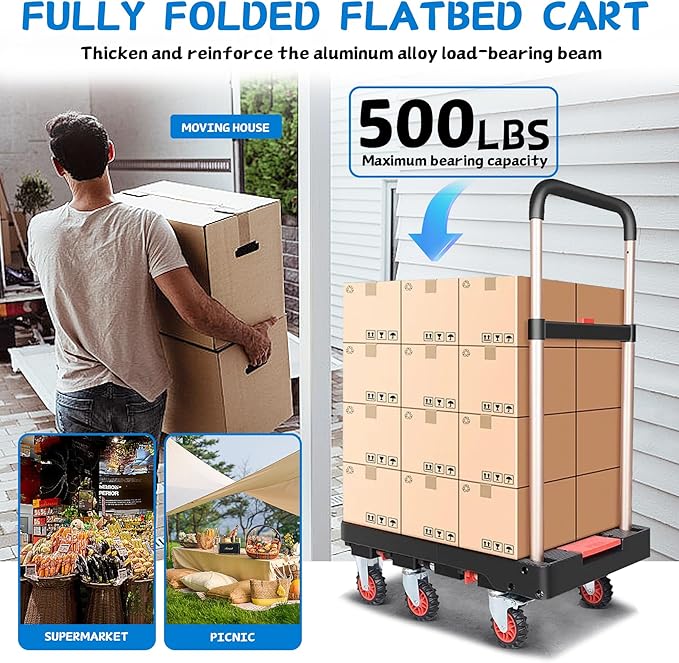 Heavy Duty 500lbs Capacity Hand Truck Collapsible Cart w/Brake Wheel, - Image 7