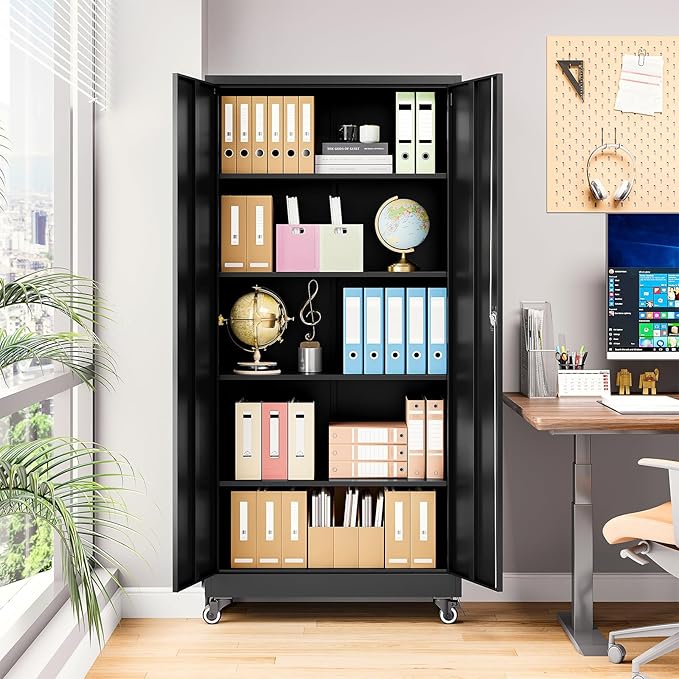 Metal Storage Cabinet with Wheels, Tall Garage Storage Cabinet with 4 - Image 6