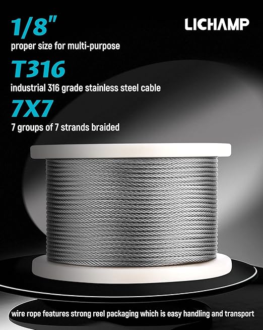 Lichamp 350FT 1/8" Stainless Steel Wire Rope Cable, Aircraft 316 SS Braided - Image 2