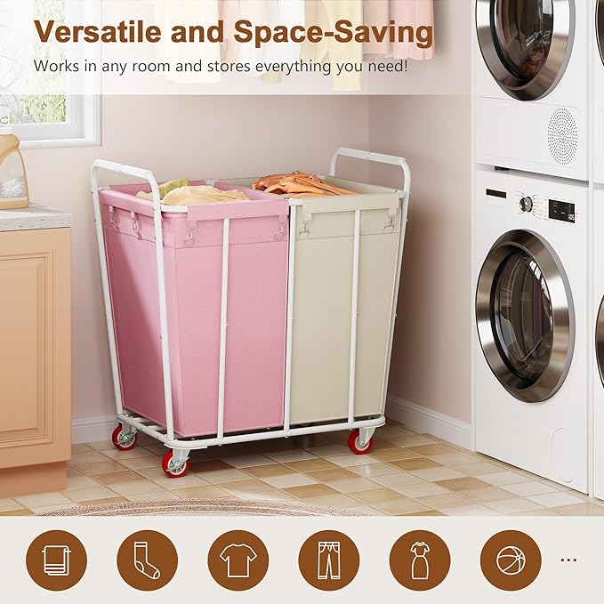 Hoctieon 2 Section Laundry Sorter Cart, 400L Rolling Hamper - Image 2