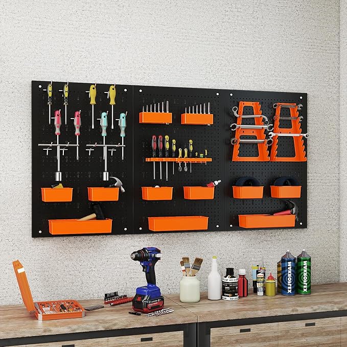 Goplus Pegboard Wall Organizer, 9-Bin Parts Rack Organizer w/Hammer Racks - Image 5