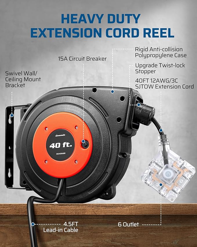 DEWENWILS 40 FT Retractable Extension Cord Reel - Image 4
