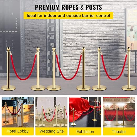 VEVOR Velvet Ropes and Posts 6 Pcs Red Velvet Rope 5 ft, Stanchions Solid Base - Image 2