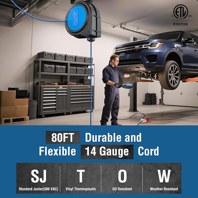 SURAIELEC 80 FT Retractable Extension Cord Reel, 14 AWG SJTOW Power Cord - Image 2