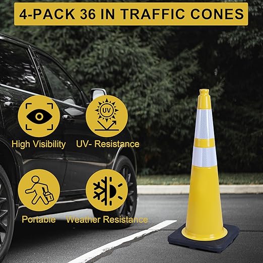 OrangeStar 4-Pack 36" Yellow Traffic Cones - Image 2