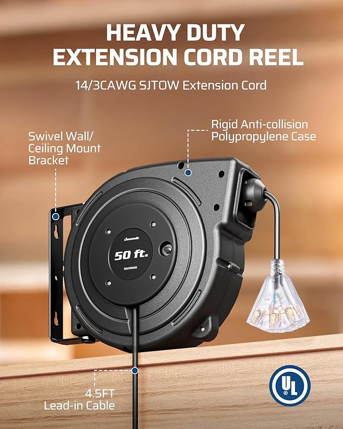 DEWENWILS Retractable Extension Cord Reel, 50FT Heavy Duty Power Cord, 14/3AWG - Image 6