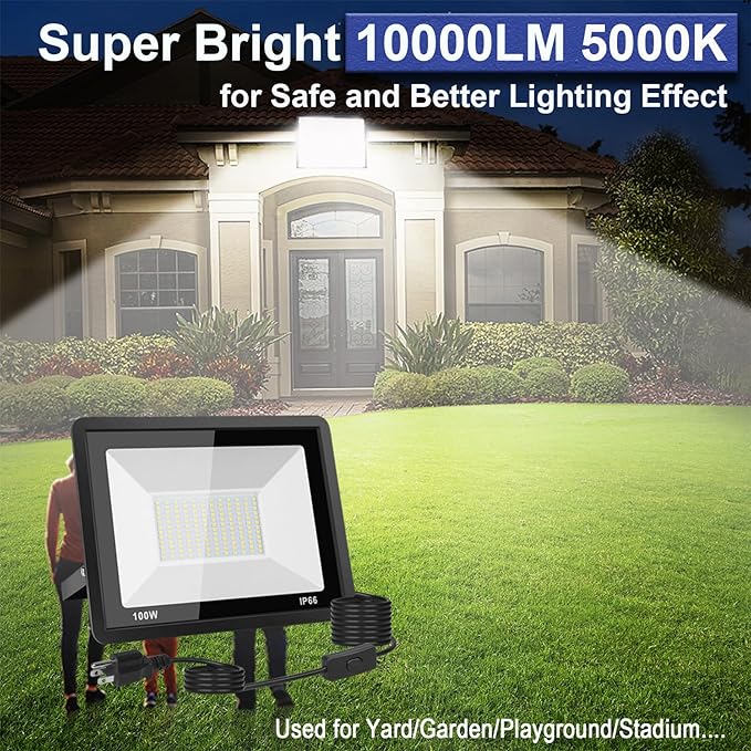 100W LED Flood Light Outdoor, 10000LM Bright Plug-in Flood Lights - Image 2