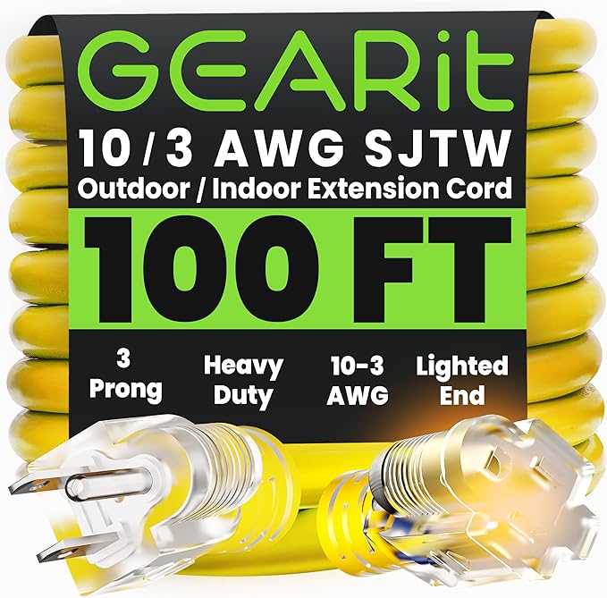 GEARit Outdoor 10 AWG Gauge 3 Prong Plug 100 Foot Extension Cord, Power Cord by GEARit