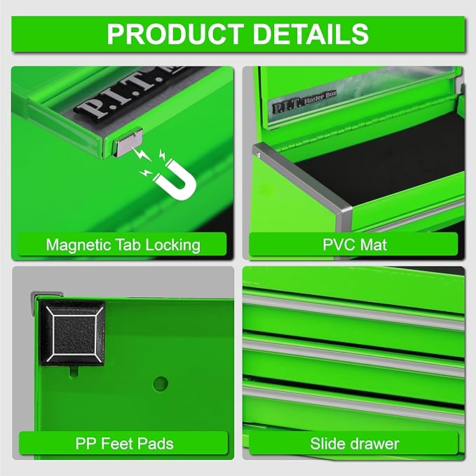 P.I.T. Mini Green Tool Box, Portable 3 Drawer Steel Stackable Tool Box - Image 8