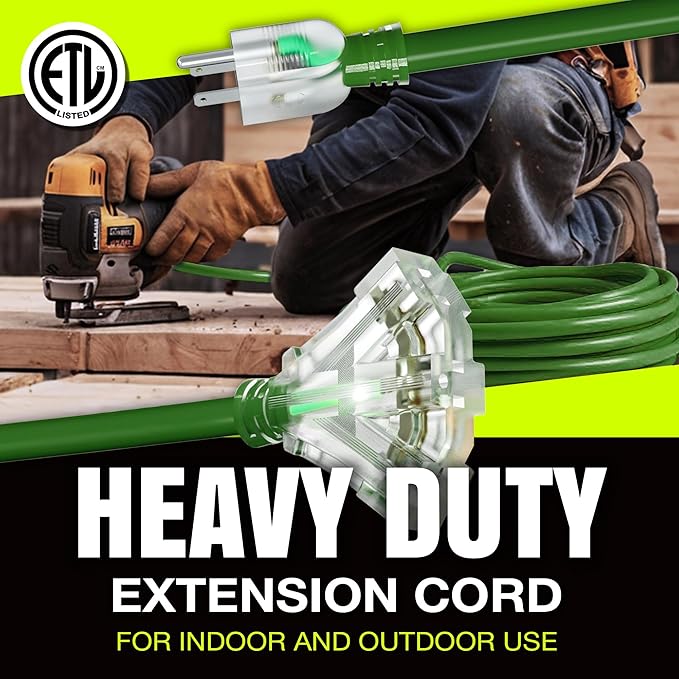 6ft Outdoor/Indoor Extension Cord 3-Outlet 12/3 Gauge Extra Heavy Duty ETL - Image 7
