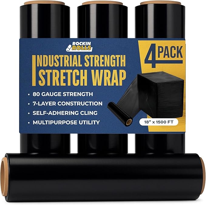 Rockin Rolls Black Stretch Wrap 18"x1500 ft, 80 Gauge – 4 Rolls Heavy Duty by RockinRolls