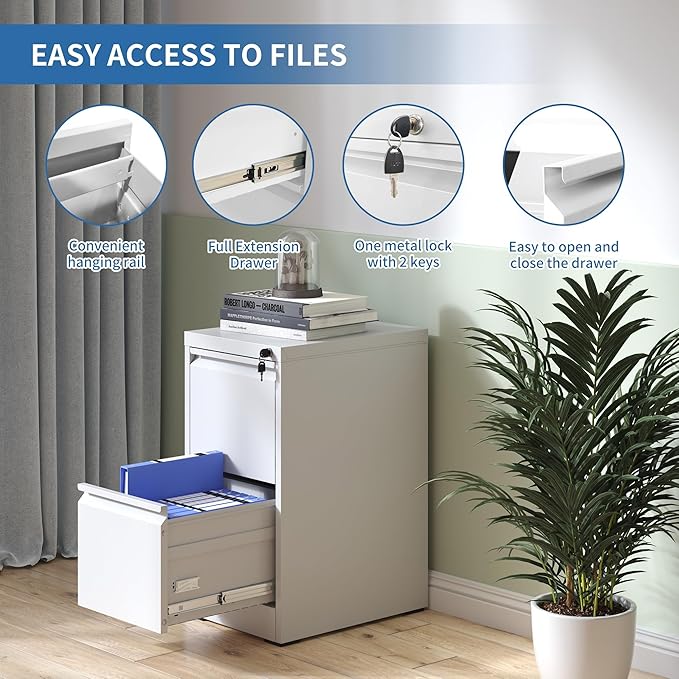 2 Drawer File Cabinet with Lock, Steel Vertical Filing Cabinets - Image 4