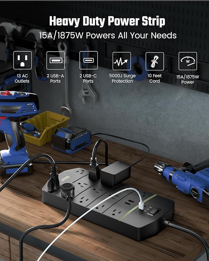 SUPERDANNY 15A Power Strip Surge Protector 5000 J - Image 2