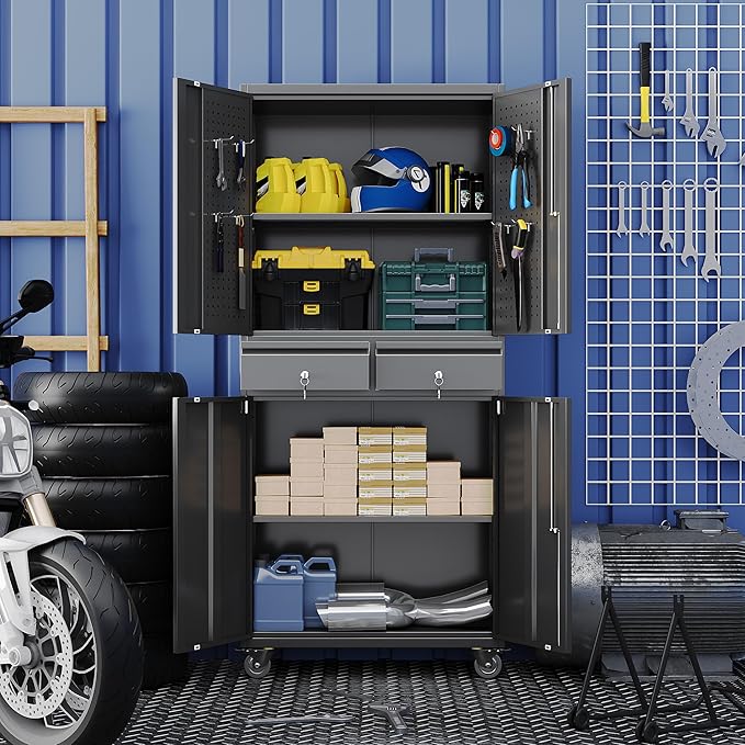Garage Storage Cabinet with Wheels, Metal Storage Cabinet with 2 Drawers and 2 - Image 7