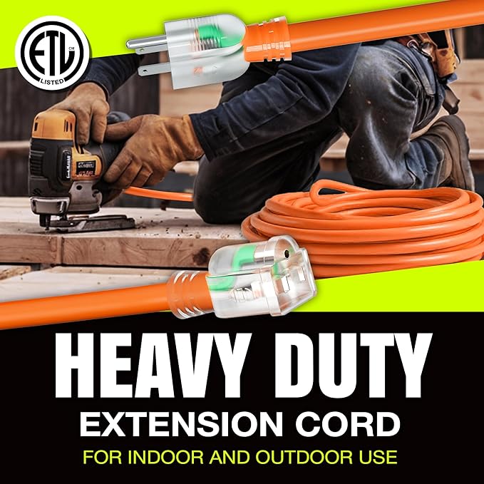 50ft Outdoor/Indoor Extension Cord 16/3 Gauge Heavy Duty 3 Prong SJTW, - Image 7