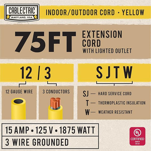 12 Gauge Outdoor Extension Cord 75 ft, 12/3 Heavy Duty Extension Cord 3 Prong - Image 2