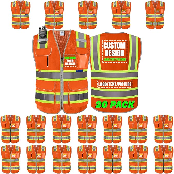 BeautyWill Custom Logo 10 Pockets Safety Vest Class2 ANSI Certified High by BeautyWill