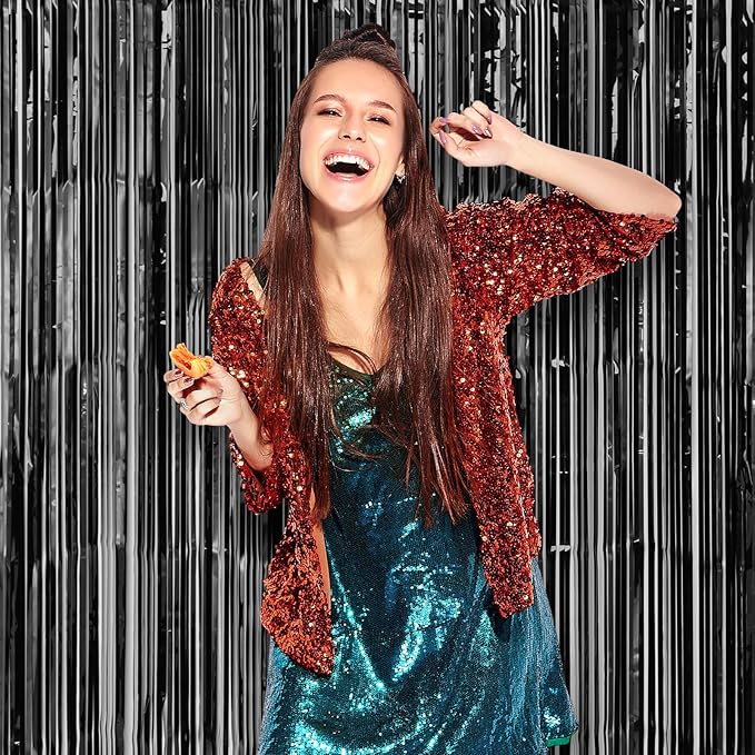 3 Pack 3.3 x 8.2 ft Laser Black Foil Fringe Backdrop Curtains, Tinsel Streamers - Image 8