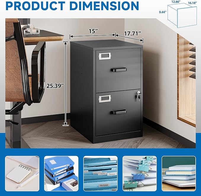 2 Drawer File Cabinet with Lock Vertical Filing Storage Cabinet Office Home - Image 3