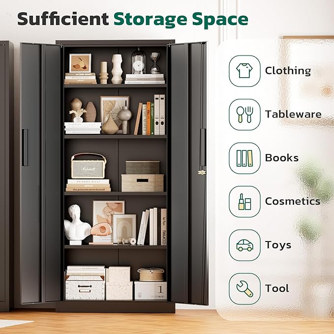 Greenvelly 63" H Metal Storage Cabinet Black, Locking Metal Cabinet, Store Tools - Image 3