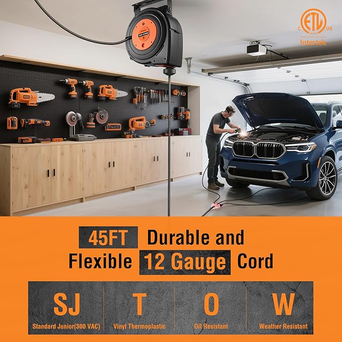 SURAIELEC 12 Gauge Extension Cord Reel, 45 FT Retractable Extension Cord - Image 2