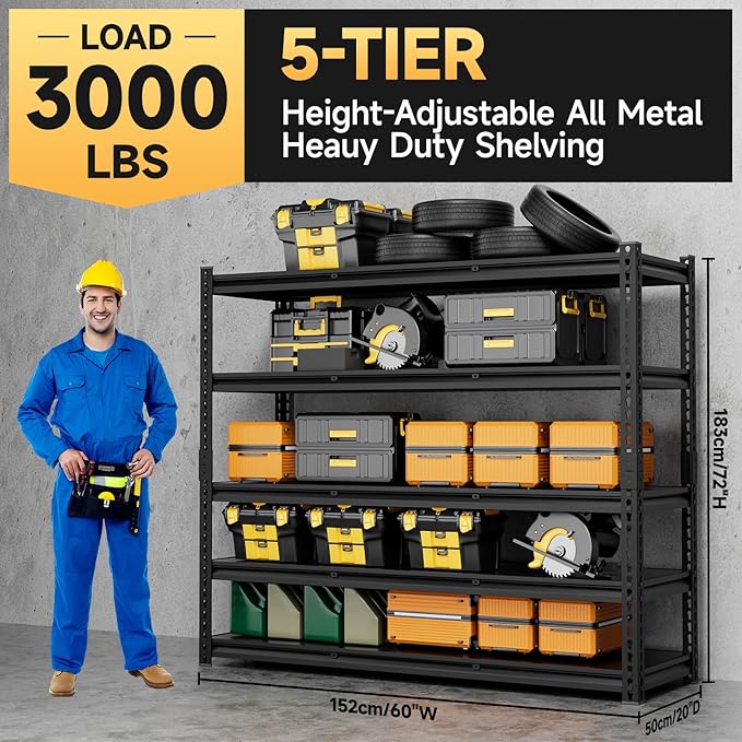 5-Tier 60”D X 20”W X 72”H Garage Shelving Heavy Duty 3000LBS Shop Shelves Heavy - Image 3