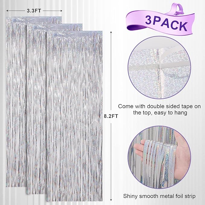 3 Pack 3.3x8.2 Feet Laser Silver Foil Fringe Backdrop Curtains, Tinsel - Image 3