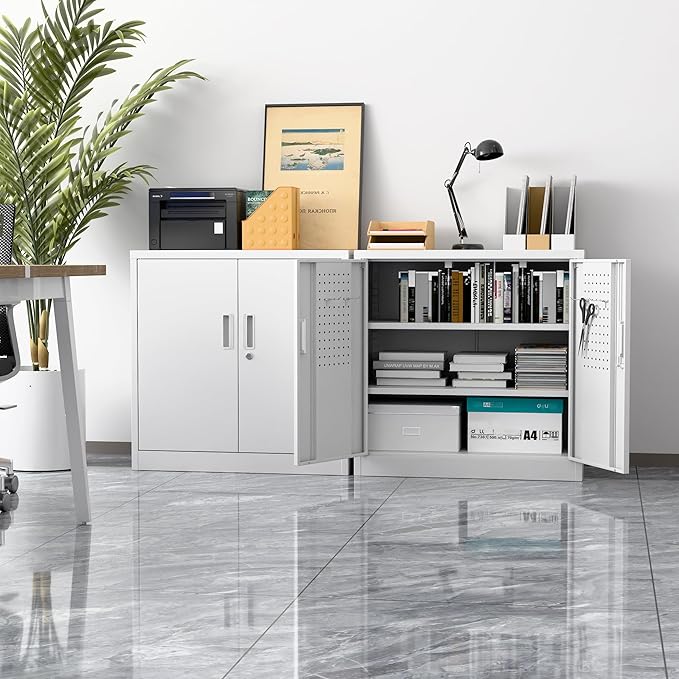 Metal Storage Cabinet with Lock, Lockable Metal Garage Cabinet with Pegboards - Image 2