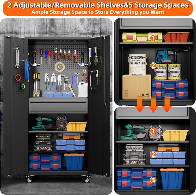 Metal Storage Cabinet with Drawers, Locking Garage Tool Cabinets on Wheels with - Image 6