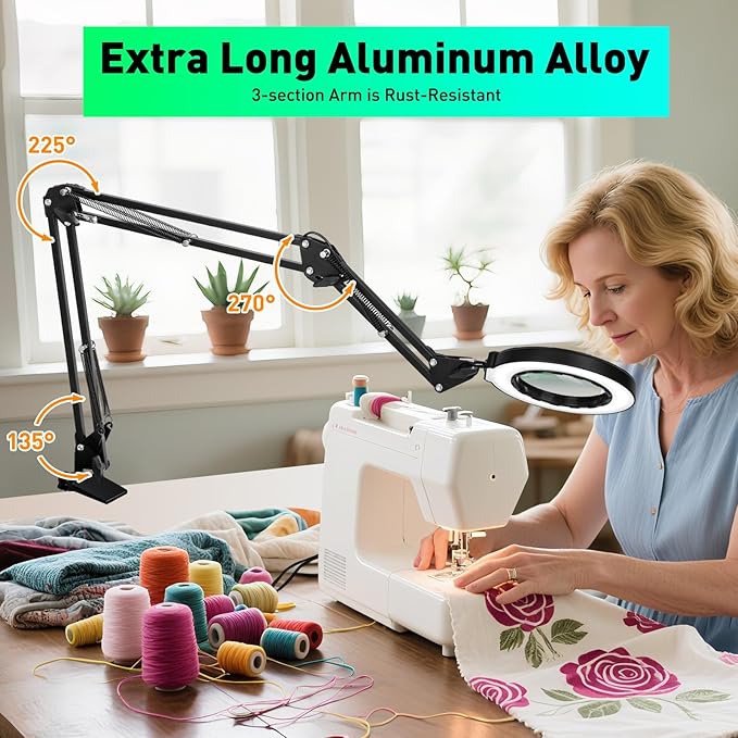 12X Magnifying Glass with Light and Clamp, Ultra Long 3-Section Arm LED Lighted - Image 9