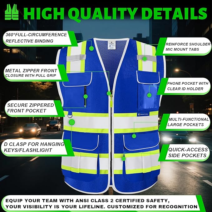 BeautyWill Custom Logo 10 Pockets Safety Vest Class2 ANSI Certified High - Image 5