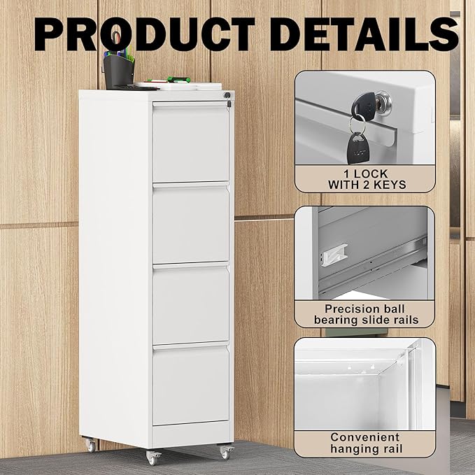 File Cabinet with Lock, 4 Drawers Filing Cabient with Wheel, Steel Vertical - Image 4